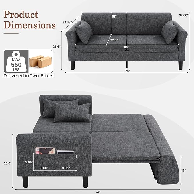 SEJOV 74" Convertible Sofa Bed, 5-in-1 Loveseat Sleeper Sofas with Pull Out Couch Bed, Storage Pockets & 2 Pillows, Modern Folding Linen Futon Couch for Living Room, Bedroom, Small Space, Dark Gray