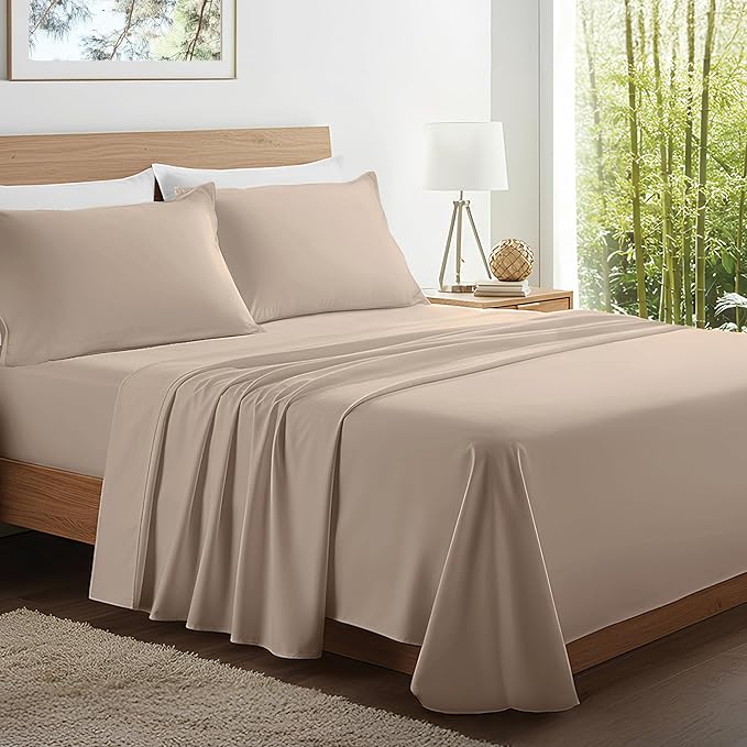 Kickoff Viscose Bamboo Sheets California King Size 4-pc 100% Organic Bamboo Viscose Bed Cooling Sheets Cal King Set Cool Bedding for hot Sleepers Sheet, Flat, Fitted, Pillowcases (Taupe Latte, CK) KickoffHome