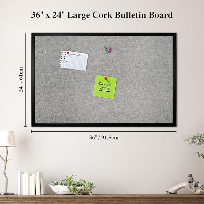 Bulletin Board 36 x 24 Inch 2 Pack, Cork Board for Walls, Wood Framed Bulletin Boards with Grey Canvas, Wall Mounted Corkboard for Office School Home Decorative