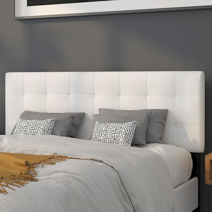 EMMA + OLIVER Quilted Tufted Upholstered Queen Size Headboard in White Fabric