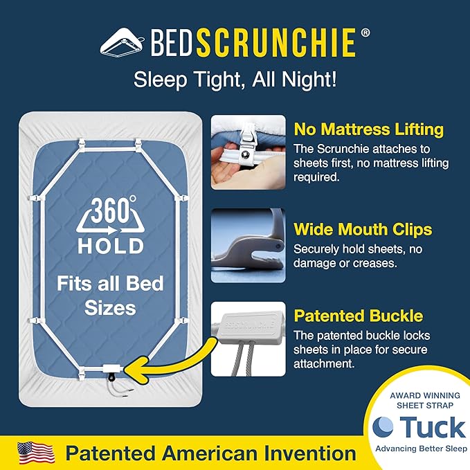 BED SCRUNCHIE Sheet Holder Straps (2 Pack) - Heavy Duty Gripper Clips - Strengthened Parachute Cord - 360 Degree Bed Sheet Tightener - Strongest and Effective Extender - Fits All Mattress Sizes