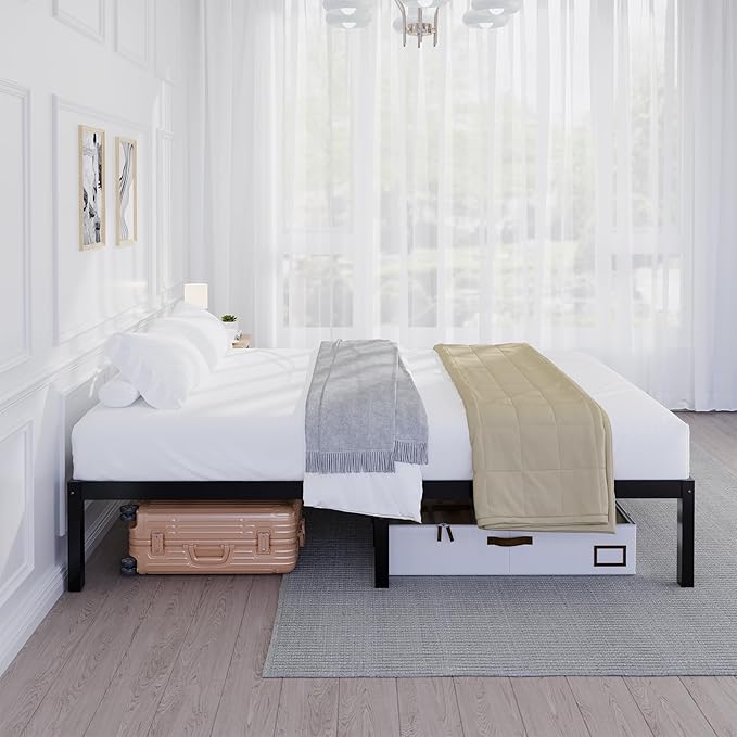 14 Inch Bamboo Bed Frame – Solid Wood Platform Bed Frame, Strong and Stable, with Non-Slip Slats for Support, No Box Spring Needed, Easy to Assemble, Noise-Free (Black, Full)