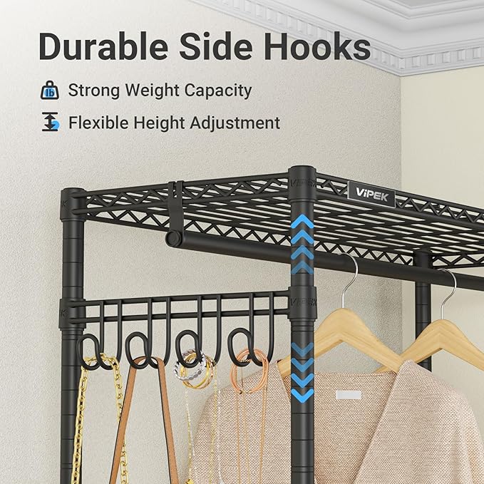 VIPEK V4C Garment Rack with Cover, Heavy Duty Portable Closet Adjustable Metal Clothing Rack for Hanging Clothes with Hanging Rods & Side Hooks, Max Load 810lbs, Black Rack with Black Cover