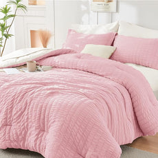 HYMOKEGE Pink/Ivory California King Comforter Set Seersucker 7 Pieces, All Season Luxury Bed in a Bag for Bedroom, Bedding Set with Comforter, Sheets, Pillowcases & Shams