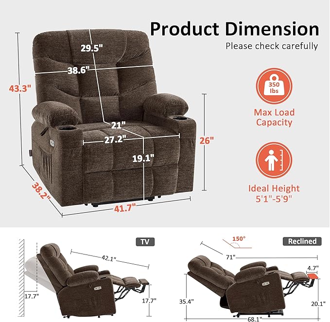 MCombo Oversized Power Lift Recliner Chair with Extended Footrest, Extra Wide 27.2" for Big and Tall Elderly People, Fabric R7289 (Brown, Medium-Oversize)