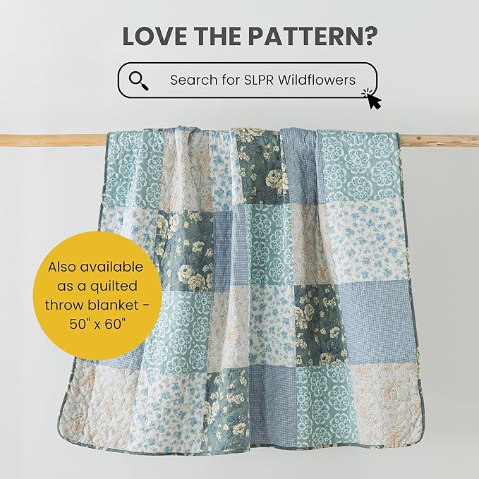 SLPR Wildflowers Cotton Quilt Set - Twin Size with 1 Sham, Blue Gray Floral Pieced Patchwork Design, Country Quilted Bedspread with Flower Pattern, Cottage Style Bedding for All Seasons