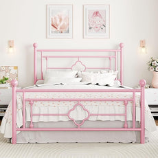 SHA CERLIN 14 Inches Queen Size Metal Platform Bed Frame/Vintage Iron-Art Headboard and Footboard/Mattress Foundation for Storage/No Box Spring Needed/Noise-Free/Easy Assembly/Pink