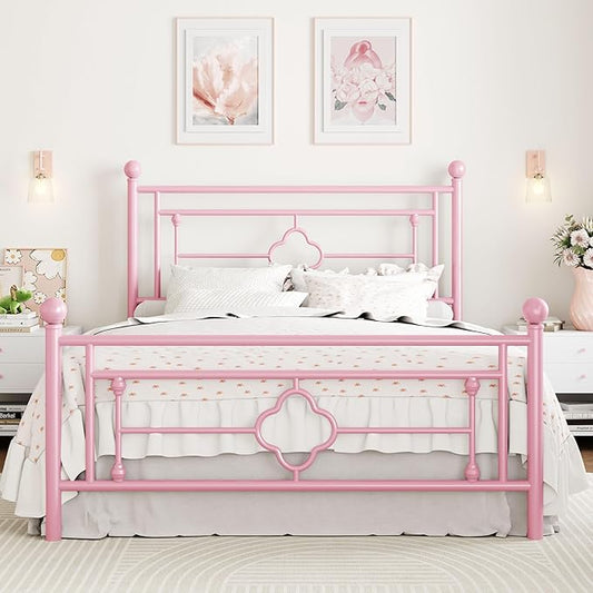 SHA CERLIN 14 Inches Full Size Metal Platform Bed Frame/Vintage Iron-Art Headboard and Footboard/Mattress Foundation for Storage/No Box Spring Needed/Noise-Free/Easy Assembly/Pink