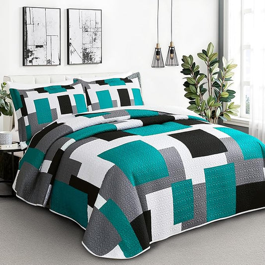 3 Piece Teal/Turquoise Grey Quilt Set King Size Black White Geometric Reversible Bedding Set Microfiber Lightweight Bedspread Coverlet with 2 Shams Modern Bed Covers for All Season, 106''x96''