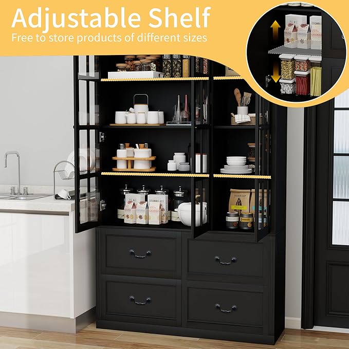 78.8" Tall Bookcase Display Storage Cabinet Hutch with Glass Doors & Drawers - Curio Display Bookshelf Kitchen Pantry for Home, Kitchen, Living Room.