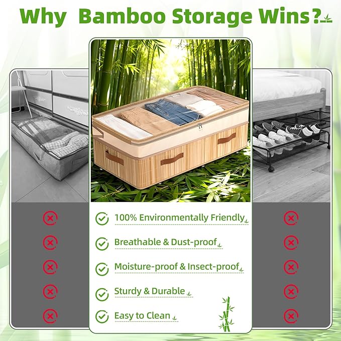 Livole Bamboo Under Bed Storage with Wheels, 6-10 inches Height Adjustable Underbed Storage Containers, 92L XXXL Large Rolling Under Bed Storage Bins for Clothes, Blankets, Sweater, Shoes, 1 Pack