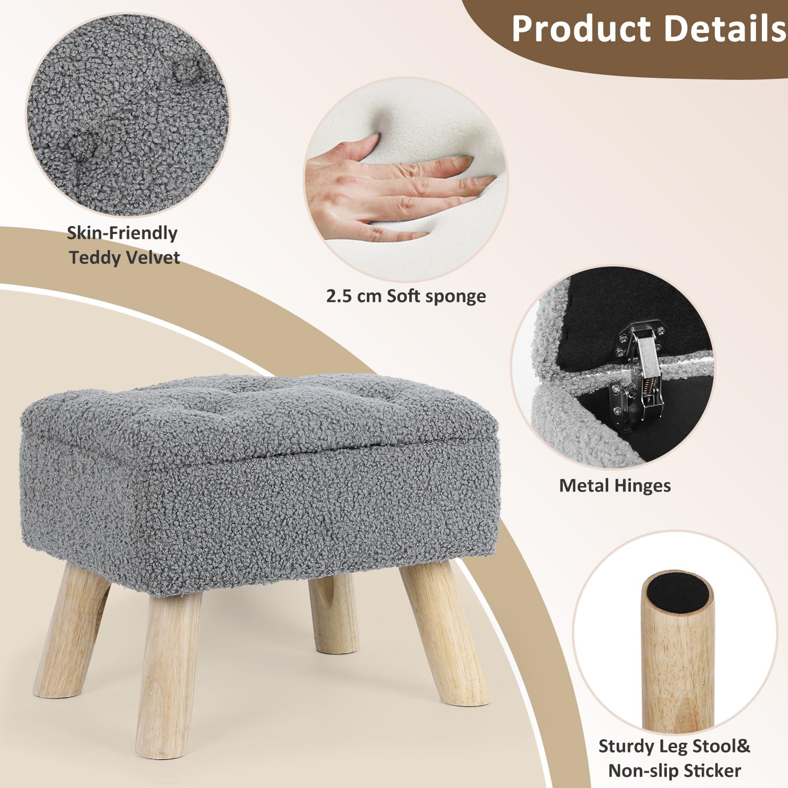 OGEMXU Storage Ottoman, Small Foot Stool Ottoman with Storage, Boucle Teddy Velvet Foot Rest with Padded Seat, Sturdy Wood Legs Stool for Living Room, Bedroom, Couch, Enterway (Cream) Dormly
