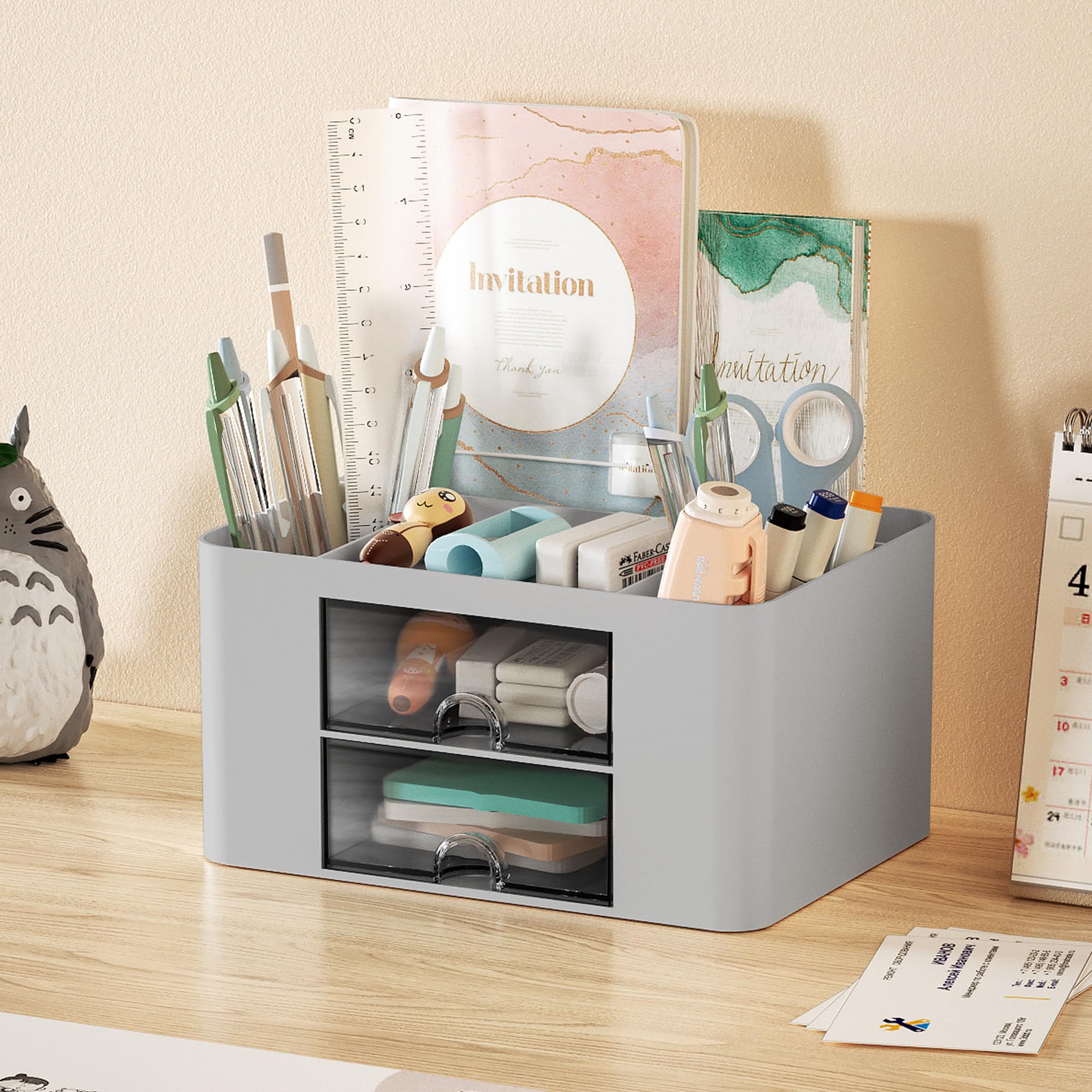 Marbrasse Pen Organizer with 2 Drawer, Multi-Functional Pencil Holder for Desk, Desk Organizers and Accessories with 5 Compartments + Drawer for Office Art Supplies (Blue) Dormly