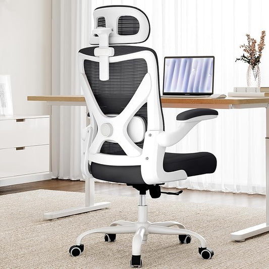 Ergonomic Office Chair - Computer Desk Chair with Adjustable Lumbar Support - 300lbs Executive Desk Chair High Back with Headrest Flip-Up Arms for Long Hours, Rolling Chair (White Black)