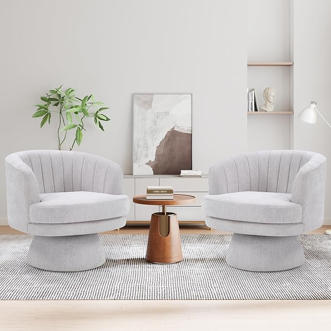 CANMOV Swivel Accent Chair with Armrest Set of 2, Modern 360 Degree Swivel Barrel Chair with Curve Back and Soft Cushion,Comfy Round Sherpa Teddy Armchair Single Sofa for Living Room,Bedroom,Grey