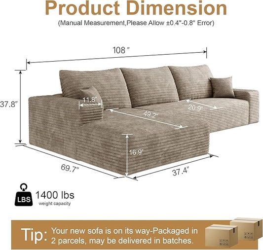 108" Sectional Couches for Living Room Modern Modular Sofa with L-Shape Couchs Upholstered Boneless Couch Deep Seat Sectional Couch with Chaise (Camel, Left Facing Chaise+2Seaters)