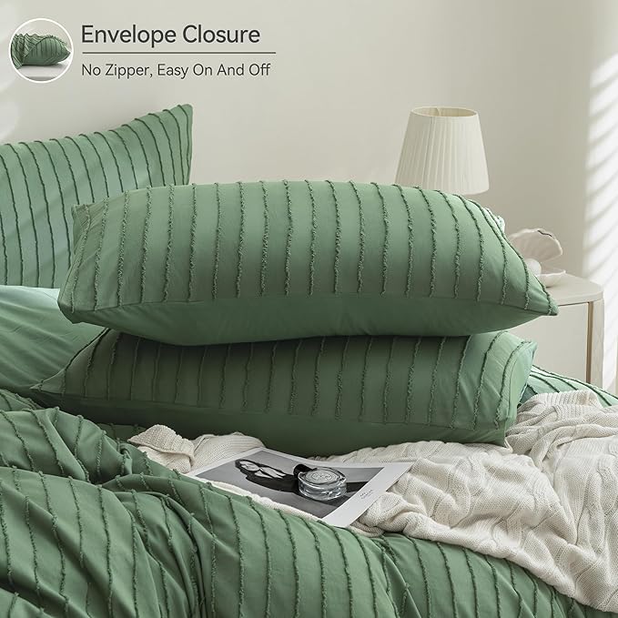 JELLYMONI Duvet Cover Super Queen Size Green - 3PCS Boho Striped Duvet Cover Set Polyester Tufted Bohemian Textured Comforter Cover 98×90in with Corner Ties & Zipper and 2 Pillowcases