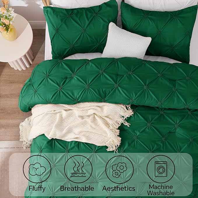 BEDELITE Forest Green Queen Comforter Set - 3 Pieces Boho Pintuck Bedding Comforter Sets, Lightweight Soft & Warm Bed Comforter Queen with 2 Pillowcases for All Season