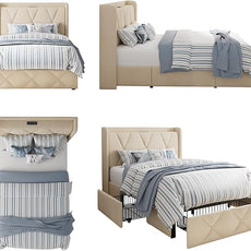 Twin Bed Frame with 4 Storage Drawers, Upholstered Platform Bed with Charging Station, Modern Wingback Storage Headboard, Easy Assembly,Noise-Free, Beige