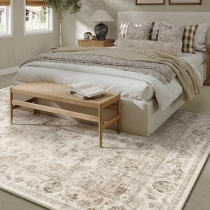 12x15 Neutral Area Rug Beige Vintage Living Room Bedroom Washable Carpet Non-Slip Soft Low Pile Floral Indoor Extra Large Throw Rug for Dining Room Office