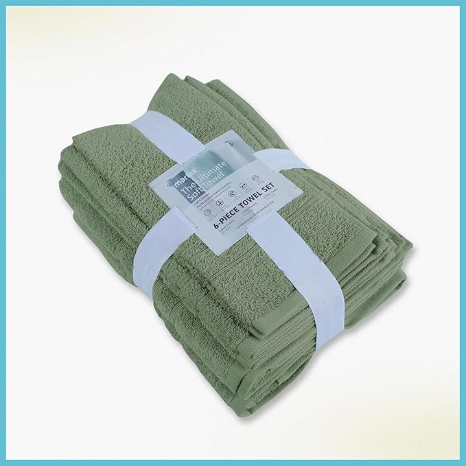 Martex 6-Piece Towel Set – Ultimate Performance – 100% Cotton – 2 Bath Towels – 2 Hand Towels – 2 Wash Cloths – Versatile – Low-Linting – Supersoft & Absorbent Bathroom Set – Easy Care – Sage