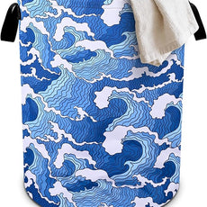 Ocean Wave Laundry Basket Foldable Oxford Cloth Tote Bag Laundry Hamper Clothes Storage Bucket Organizer For Bathroom/Laundry Storage/Bedroom 19.6x15.7 Inch