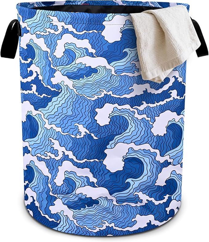 Ocean Wave Laundry Basket Foldable Oxford Cloth Tote Bag Laundry Hamper Clothes Storage Bucket Organizer For Bathroom/Laundry Storage/Bedroom 19.6x15.7 Inch