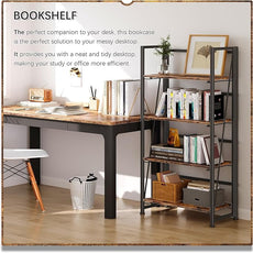 4NM No Assembly Folding Bookshelf Storage Shelves 4 Tiers Vintage Bookcase Standing Racks Study Organizer Home Office (Rustic Brown Black)