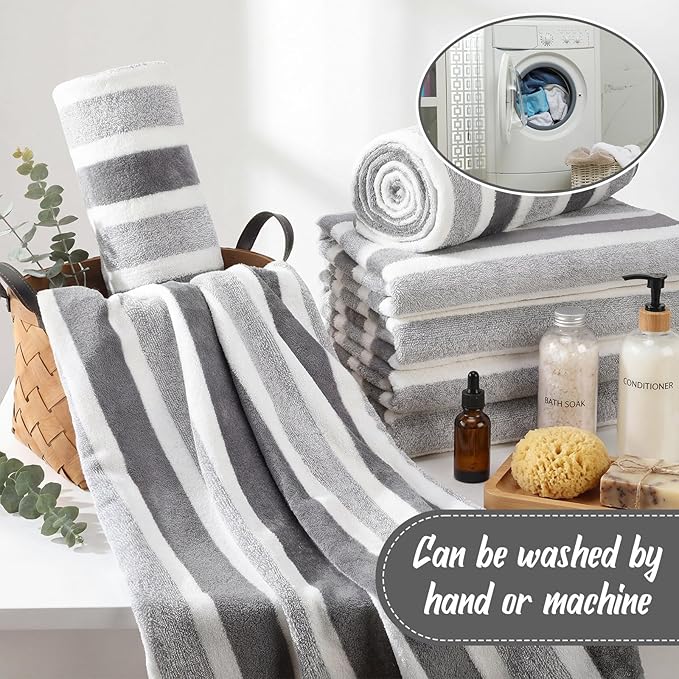 16 Pack Microfiber Bath Towels Bulk 27'' x 60'' Oversized Size Bath Towel Highly Absorbent Extra Large Soft Drying for Shower Beach Winter Salon Sport Gym Party (Stripes,Grey)
