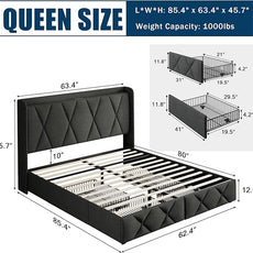 Queen Bed Frame with 4 Storage Drawers, Upholstered Platform Bed with Charging Station, Modern Wingback Storage Headboard, Easy Assembly,Noise-Free, Dark Gray