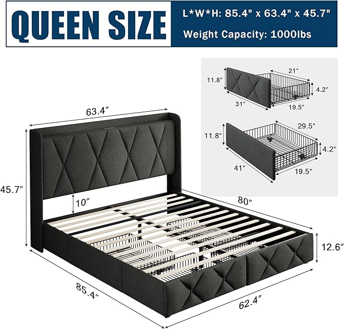 Queen Bed Frame with 4 Storage Drawers, Upholstered Platform Bed with Charging Station, Modern Wingback Storage Headboard, Easy Assembly,Noise-Free, Dark Gray