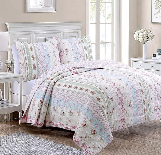 Cozy Line Home Fashions 100% Cotton Real Patchwork Pink Floral Cottage Shabby Chic Reversible Quilt Bedding Set, Bedspread, Coverlet (Wild Rose, King - 3 Piece)