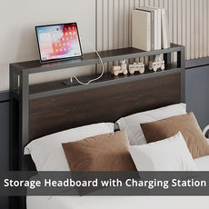 LIKIMIO Twin Bed Frames with Drawer, Storage Headboard with Outlets, No Box Spring Needed, Easy Assembly, Dark Brown