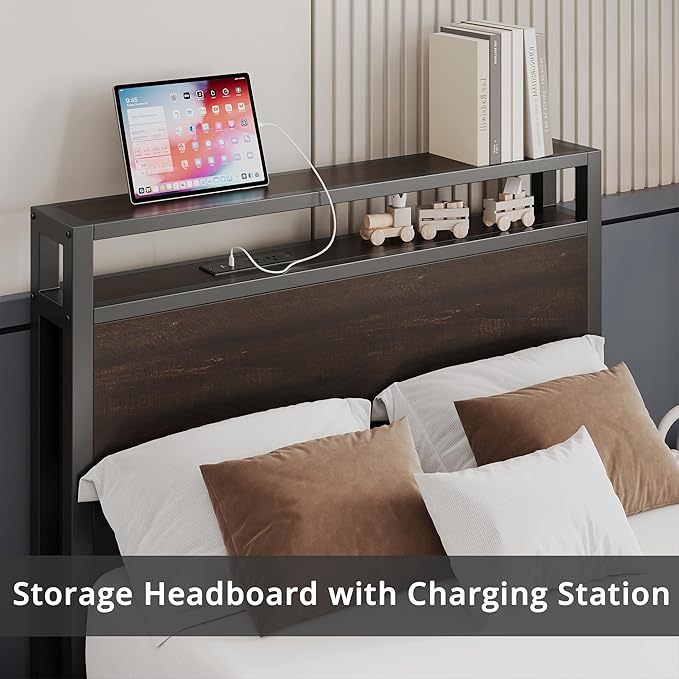 LIKIMIO Twin Bed Frames with Drawer, Storage Headboard with Outlets, No Box Spring Needed, Easy Assembly, Dark Brown