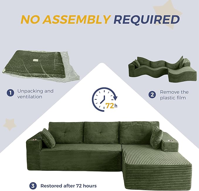 MAXYOYO 104" Modular Sectional Couch with L-Shape Chaise, Modern Boneless Couch for Living Room, Sofa in A Box, Oversized Sofa Sleeper with Deep Seat, No Assembly Required, Green