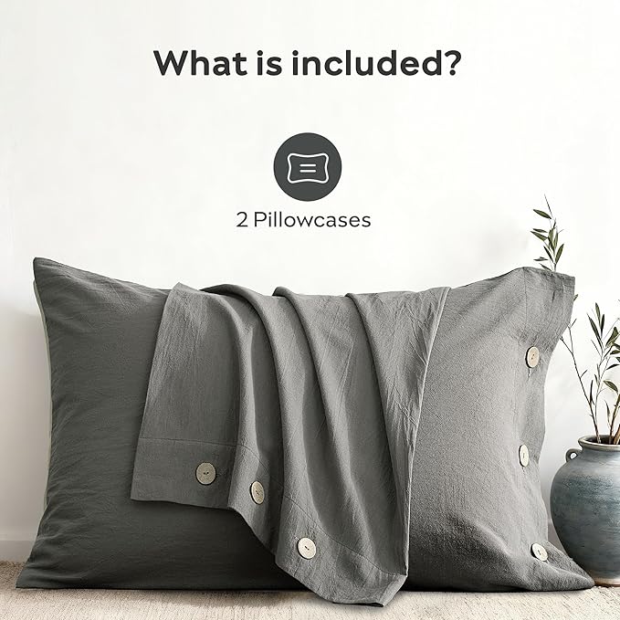 JELLYMONI 100% Washed Cotton King Pillowcases Set, 2 Pack Linen-Like Texture Breathable Pillow Covers with Button Closure,Deep Grey King 20"×36"(Pillows are not Included)