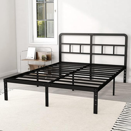 14 Inch Queen Bed Frame with Headboard No Box Spring Needed, Heavy Duty Metal Queen Size Platform with Steel Slat, Mattress Foundation, Easy Assembly, Noise Free, Black