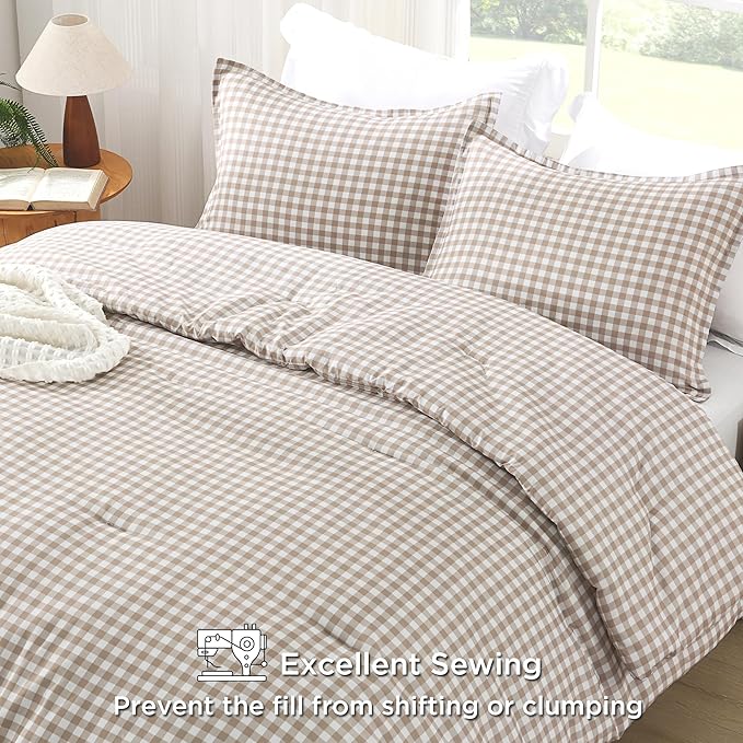 Andency Tan Gingham Comforter Set Queen(90x90Inch), Brown Checkered Grid Plaid Buffalo Bed Set for Girls Boys Kids Teens, 3 Pieces Lightweight Microfiber Geometric Preppy Bedding