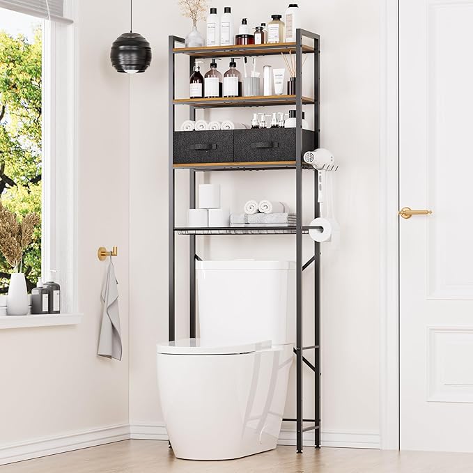 Over Toilet Bathroom Organizer with 2 Storage Cubes, 4-Tier Adjustable Metal Toilet Storage Shelves for Towels, Toilet Paper, Toiletries, Easy Assembly Freestanding Small Space Saver