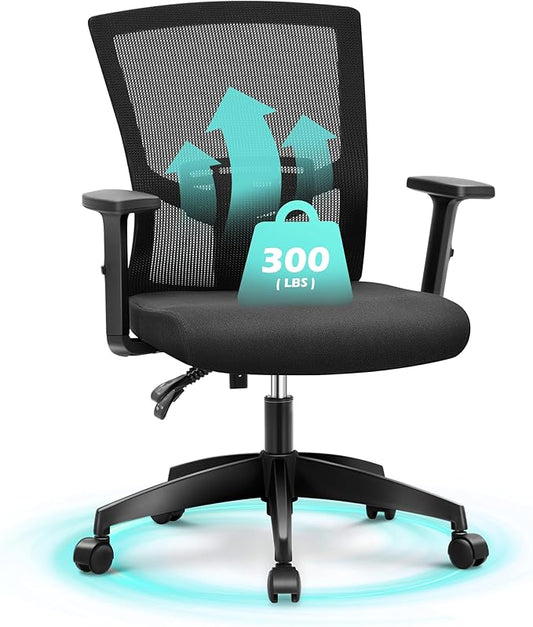 ALPHA HOME Office Chair Ergonomic, Mid Back Mesh Computer Chair with Lumbar Support Executive Stool with Adjustable Armrest & Seat Cushion, BIFMA & SGS Certified