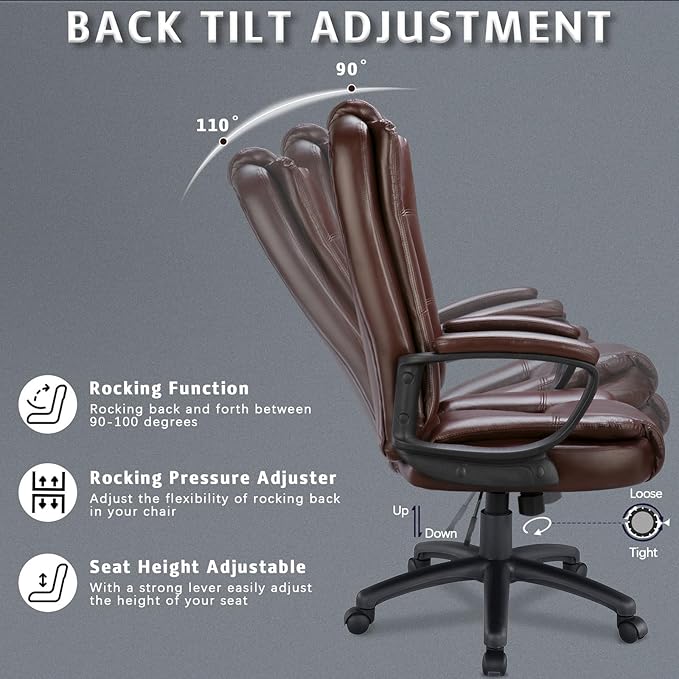 LEMBERI Office Desk Chair, High Back Executive Computer Chair, Ergonomic Big and Tall Adjustable PU Leather Chairs with Padded Armrest for Long Time Sitting (Brown)