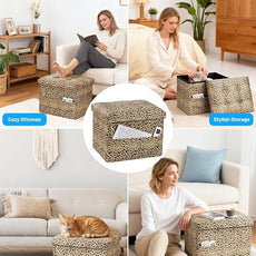 Storage Ottoman Foot Rest Stool, Small Velvet Storage Ottomans Bench, Folding Footstool with Side Pockets, Foot Rest Under Desk for Living Room Bedroom, 17x13x13 in, Leopard Print