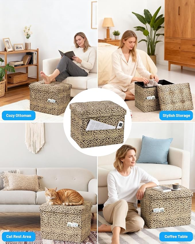 Storage Ottoman Foot Rest Stool, Small Velvet Storage Ottomans Bench, Folding Footstool with Side Pockets, Foot Rest Under Desk for Living Room Bedroom, 17x13x13 in, Leopard Print