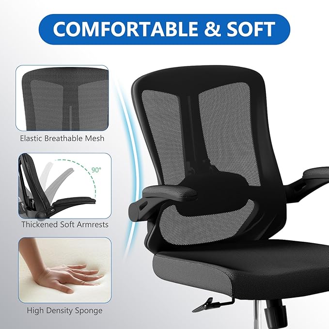 poki Mesh Office Chair, Home Office Desk Chair with Wheels, Ergonomic Office Chair with Lumbar Support and Adjustable Headrest, Comfortable Study and Desk Chair, Black (Black)