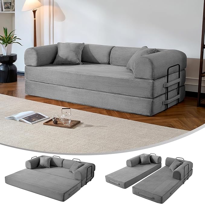 Compressed Sofa, Convertible Sofa Bed, Corduroy Compression Boneless Couch with Pillow, Comfy Modular Foldable Floor Sleeper Sofa for Bedroom, Living Room, Lounge, Studio (Light Gray)