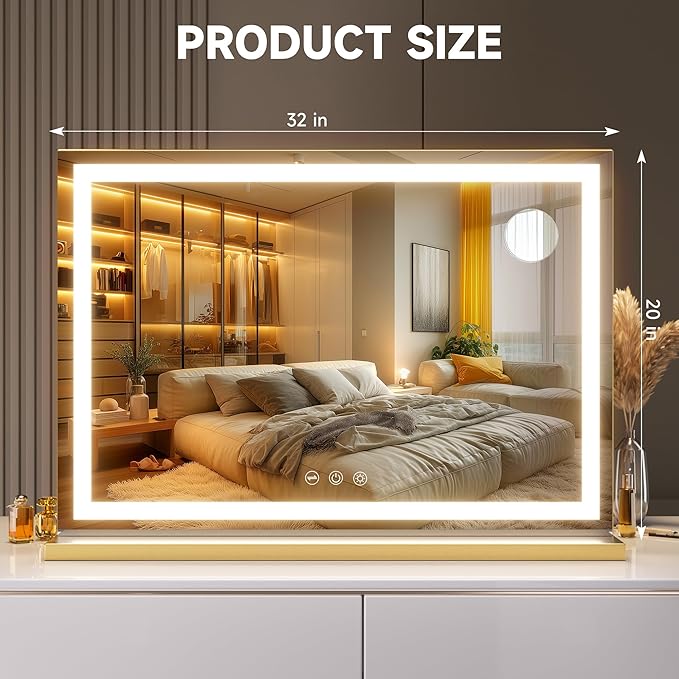 Hasipu Vanity Mirror with Lights, 32" x 20" LED Makeup Mirror, Lighted Makeup Mirror with Dimmable 3 Modes, Touch Screen Control Vanity Mirror Square Gold