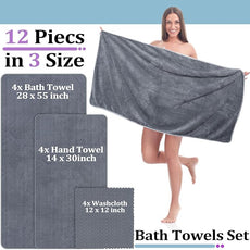 Preboun 12 Pcs Bath Towels and Washcloths 4 Sets Microfiber Bathroom Beach Pool Towel Set Quick Dry Coral Velvet Highly Absorbent for Fitness Sports Shower Travel Spa Hotel(4 Colors)