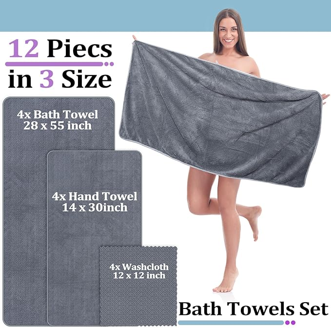 Preboun 12 Pcs Bath Towels and Washcloths 4 Sets Microfiber Bathroom Beach Pool Towel Set Quick Dry Coral Velvet Highly Absorbent for Fitness Sports Shower Travel Spa Hotel(4 Colors)