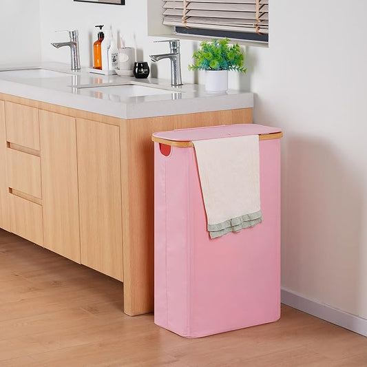 efluky Slim Laundry Basket with Lid, Narrow Laundry Hamper with Removable Bag, Skinny Dirty Clothes Basket with Bamboo Handles for Bathroom, Bedroom & Laundry Room, 75L Pink