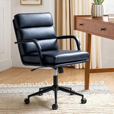 HULALA HOME Modern Faux Leather Home Office Chair with Tilt Lock & Metal Base, Desk Chair with Wheels & Padded Cushion, 360° Swivel Wide Seat Computer Task Chair, Navy
